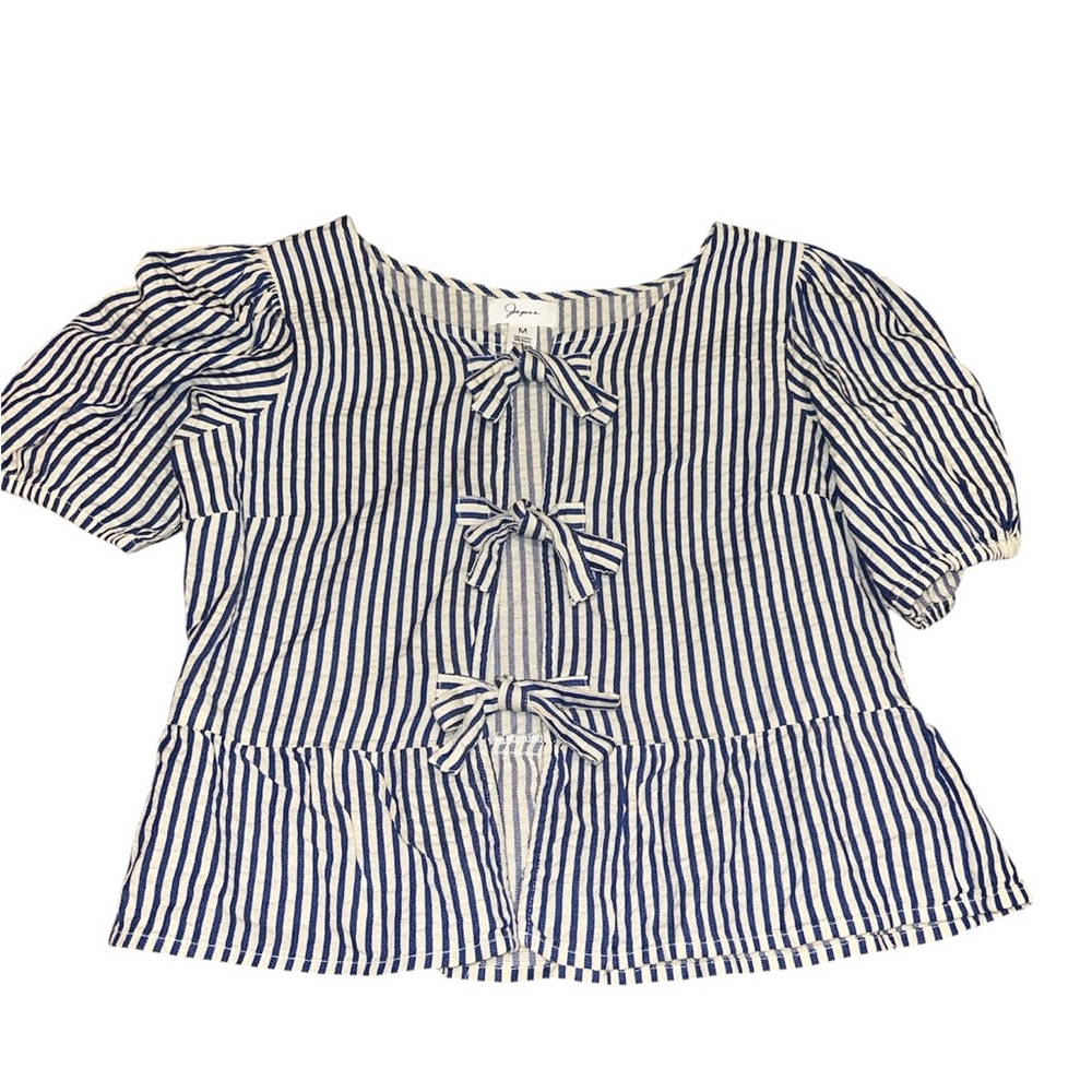 NWOT Japna Blue & White Striped Peplum Top w/ Front Bows | Size M - Picture 2 of 4